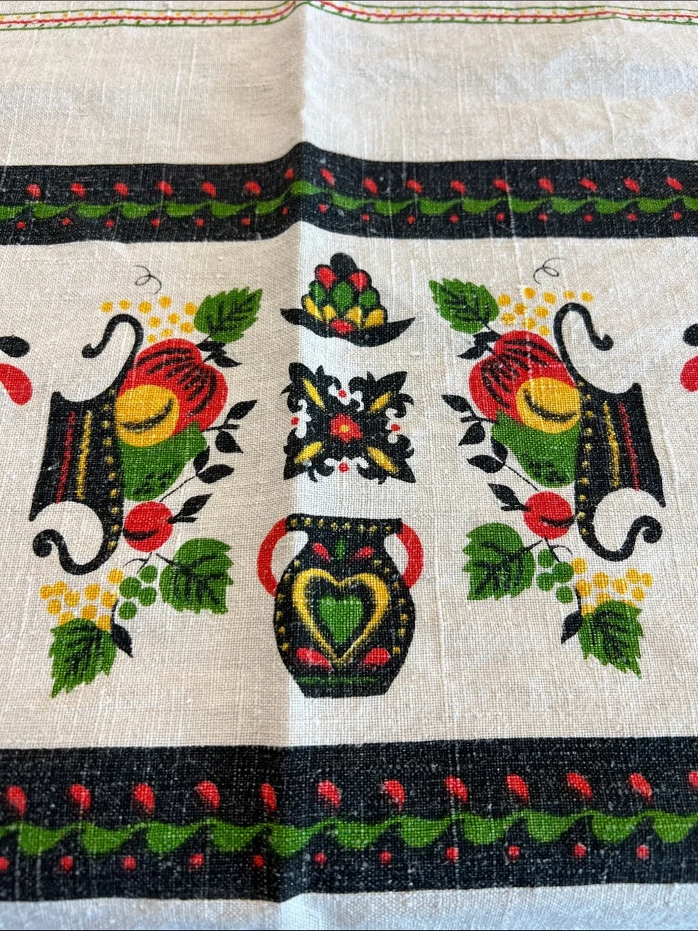 Vintage Pennsylvania Dutch Folk Art Card Tablecloth 48x48 Linen